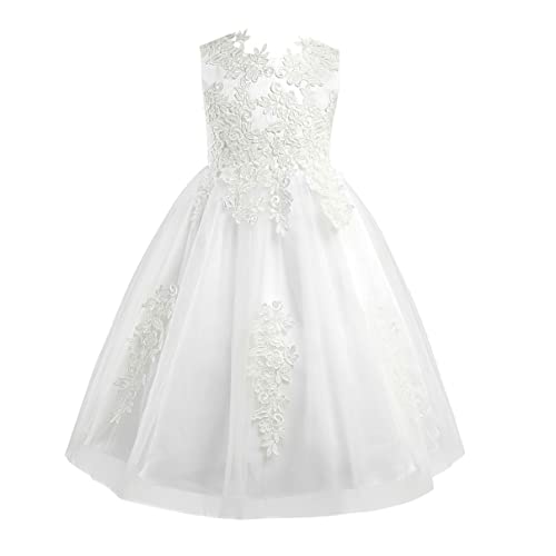 dPois Mädchen Hochzeit Prinzessin Kleider Weiß Taufkleid Blumenmädchen Kleid Ärmellos Kommunionkleider mit Spitze Kinder Geburtstag Party Elegant Outfits A Weiß 110-116/5-6 Jahre von dPois