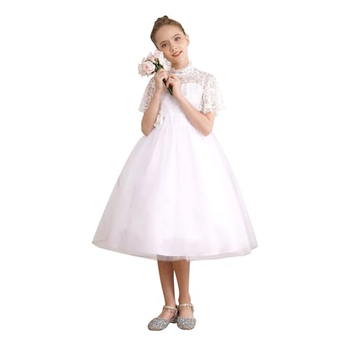 dPois Mädchen Hochzeit Kleider Weiss Taufkleid Blumenmädchen Kleid Ärmellos Kommunionkleider mit Spitze Geburtstag Party Elegant Kinder Outfits C Weiß 122-128 von dPois