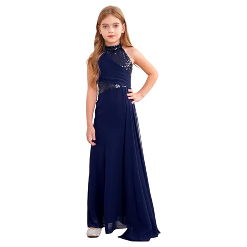 dPois Mädchen Hochzeit Party Kleid Festlich Blumenmädchen Kleid Neckholder Ballkleid Ärmellos Maxi Lang mit Glitzern Elegant Festzug Geburtstag Outfit Navy blau 146-152 von dPois