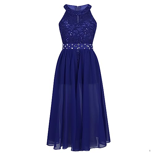 dPois Mädchen Kleid Festlich Hochzeit Kleid Blumenkinder Lang Chiffon Kleid Prinzessin Kleid Partykleid Festzug Abendkleid Cocktailkleid Gr.116-164 Blau 128/8 Jahre von dPois