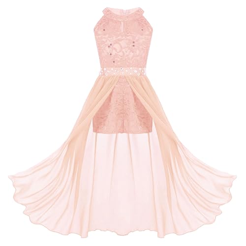 dPois Mädchen Kleid Festlich Hochzeit Kleid Blumenkinder Lang Chiffon Kleid Prinzessin Kleid Partykleid Festzug Abendkleid Cocktailkleid Gr.116-164 Coral 140/10 Jahre von dPois