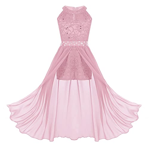 dPois Mädchen Kleid Festlich Hochzeit Kleid Blumenkinder Lang Chiffon Kleid Prinzessin Kleid Partykleid Festzug Abendkleid Cocktailkleid Gr.116-164 Rosa 128/8 Jahre von dPois