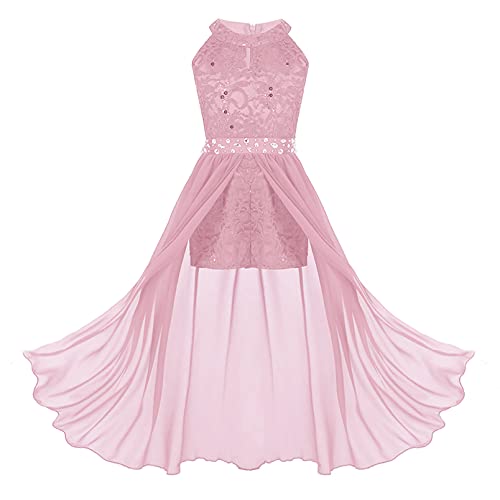 dPois Mädchen Kleid Festlich Hochzeit Prinzessin Kleid Lang Blumenmädchenkleid Chiffon Neckholder Partykleid Abendkleid Festzug Rosa 176/16 Jahre von dPois