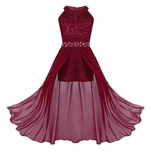 dPois Mädchen Kleid Festlich Hochzeit Kleid Blumenkinder Lang Chiffon Kleid Prinzessin Kleid Partykleid Festzug Abendkleid Cocktailkleid Gr.116-164 Rot 128/8 Jahre von dPois