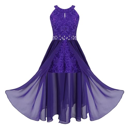 dPois Mädchen Kleid Festlich Hochzeit Kleid Blumenkinder Lang Chiffon Kleid Prinzessin Kleid Partykleid Festzug Abendkleid Cocktailkleid Gr.116-164 Violett 152/12 Jahre von dPois