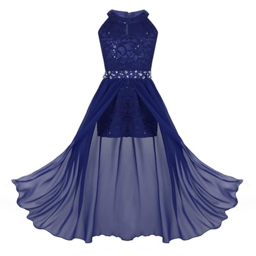 dPois Mädchen Kleid Festlich Hochzeit Prinzessin Kleid Lang Blumenmädchenkleid Chiffon Neckholder Partykleid Abendkleid Festzug Blau 176/16 Jahre von dPois