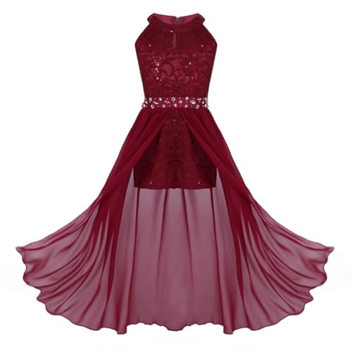 dPois Mädchen Kleid Festlich Hochzeit Prinzessin Kleid Lang Blumenmädchenkleid Chiffon Neckholder Partykleid Abendkleid Festzug Rot 128/8 Jahre von dPois