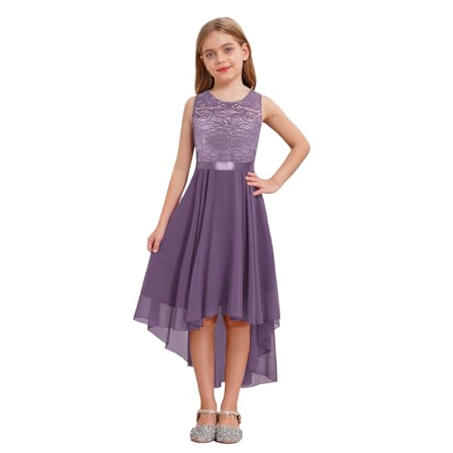 dPois Mädchen Kleid Festlich Vokuhila Kleid Blumenmädchenkleid Ärmellos Abendkleid Chiffon mit Spitzen Elegant Kinder Hochzeit Party Festzug Outfits Violett 122-128/7-8 Jahre von dPois