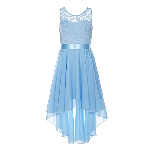 dPois Mädchen Kleid Festlich Vokuhila Kleid Chiffonkleid Ärmellos Blumenmädchenkleid Partykleid mit Spitzen Elegant Kinder Hochzeit Party Festzug Outfits Blau 164-170/14-16 Jahre von dPois