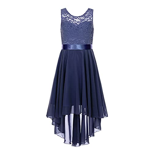 dPois Mädchen Kleid Festlich Vokuhila Kleid Chiffonkleid Ärmellos Blumenmädchenkleid Partykleid mit Spitzen Elegant Kinder Hochzeit Party Festzug Outfits Marineblau 140-152/10-12 Jahre von dPois