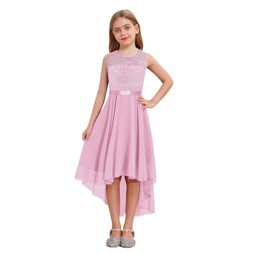 dPois Mädchen Kleid Festlich Vokuhila Kleid Blumenmädchenkleid Ärmellos Abendkleid Chiffon mit Spitzen Elegant Kinder Hochzeit Party Festzug Outfits Altrosa 152-164/12-14 Jahre von dPois