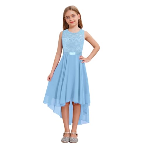 dPois Mädchen Kleid Festlich Vokuhila Kleid Chiffonkleid Ärmellos Blumenmädchenkleid Partykleid mit Spitzen Elegant Kinder Hochzeit Party Festzug Outfits Blau 128-140/8-10 Jahre von dPois