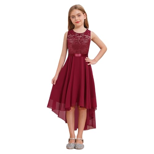 dPois Mädchen Kleid Festlich Vokuhila Kleid Blumenmädchenkleid Ärmellos Abendkleid Chiffon mit Spitzen Elegant Kinder Hochzeit Party Festzug Outfits Burgundy 152-164/12-14 Jahre von dPois