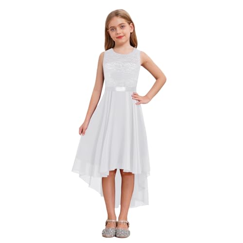 dPois Mädchen Kleid Festlich Vokuhila Kleid Blumenmädchenkleid Ärmellos Abendkleid Chiffon mit Spitzen Elegant Kinder Hochzeit Party Festzug Outfits Weiß 110-116/5-6 Jahre von dPois