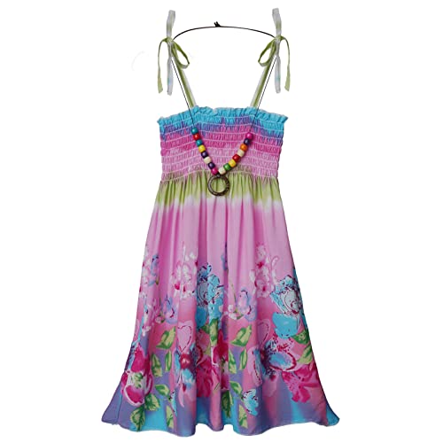 dPois Mädchen Kleider Boho Sommerkleid Strandkleid Trägerkleid mit Halskette Blumen/Streifen Muster Outfits für Urlaub Sommer Party Bunt Rosa 140-152/10-12 Jahre von dPois