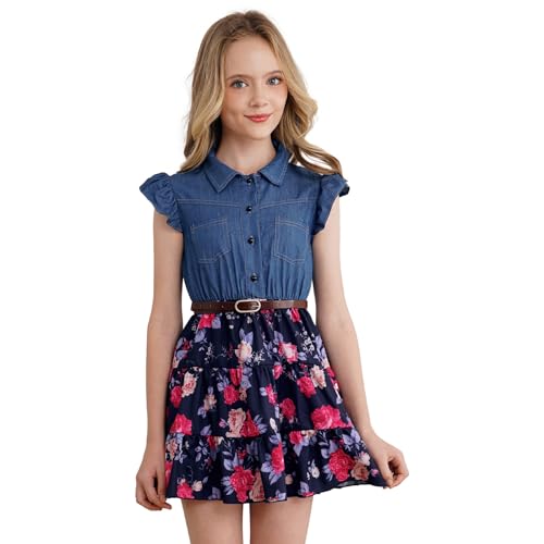 dPois Mädchen Kleider Jeanskleid Sommer Freizeitkleid mit Flügelärmel Jerseykleid Blumen Muster Rock A-Linie Baumwolle Skaterkleid Casual Outfits Marineblau 122-128/7-8 Jahre von dPois