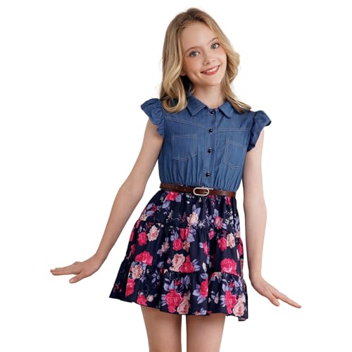 dPois Mädchen Kleider Jeanskleid Sommer Freizeitkleid mit Flügelärmel Jerseykleid Blumen Muster Rock A-Linie Baumwolle Skaterkleid Casual Outfits Navy blau 152/12 Jahre von dPois
