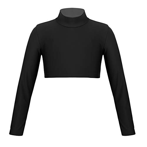 dPois Mädchen Langarmshirt Oberteil Sportshirt mit Rollkragen Basic Crop Top Sportlich Elastisch Bauchfrei für Ballett Gymnastik Tanz Workout Schwarz 152/12 Jahre von dPois