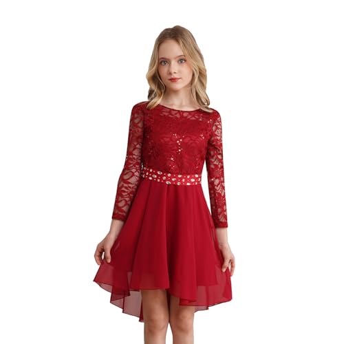 dPois Mädchen Langarm Spitzen Kleid Festlich Hochzeit Partykleid Blumenmädchenkleid Rundhals Elegant Kinder Geburtstag Festzug Outfit Burgundy 122-128 von dPois