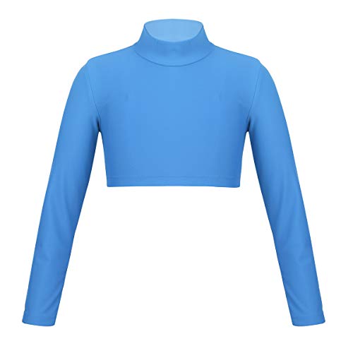 dPois Mädchen Langarmshirt Oberteil Sportshirt mit Rollkragen Basic Crop Top Sportlich Elastisch Bauchfrei für Ballett Gymnastik Tanz Workout Blau 140/10 Jahre von dPois