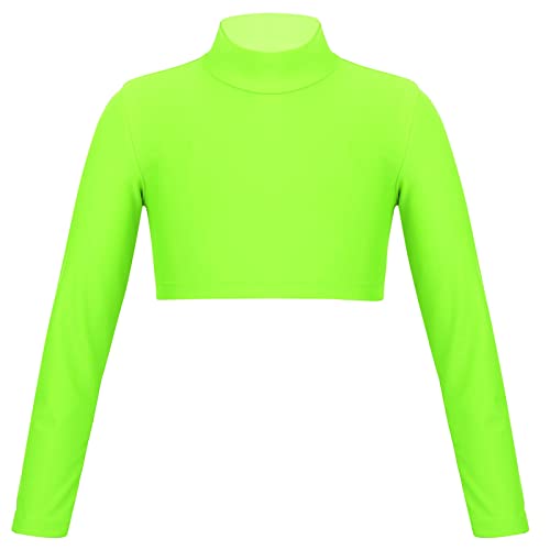 dPois Mädchen Langarmshirt Oberteil Sportshirt mit Rollkragen Basic Crop Top Sportlich Elastisch Bauchfrei für Ballett Gymnastik Tanz Workout Fluoreszierend Grün 140/10 Jahre von dPois