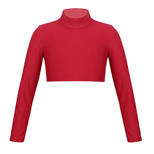 dPois Mädchen Langarmshirt Oberteil Sportshirt mit Rollkragen Basic Crop Top Sportlich Elastisch Bauchfrei für Ballett Gymnastik Tanz Workout Rot 140/10 Jahre von dPois