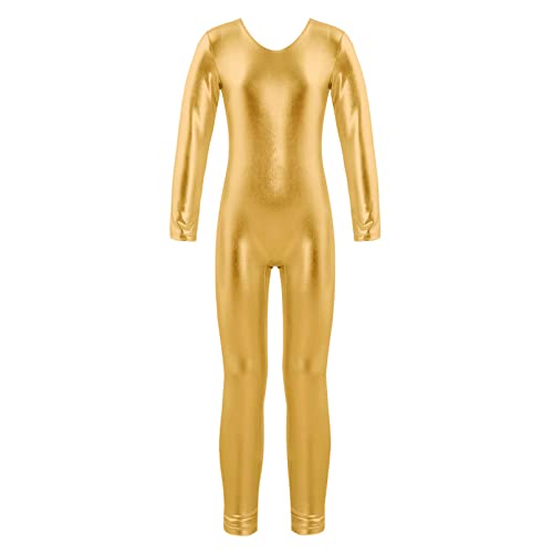 dPois Mädchen Metallic Gymnastikanzug Lang Turnanzug Einteiler Jumpsuit Overall Langarm Body Ganzkörper Anzug Sportbody Sportkleidung Gold 140/10 Jahre von dPois