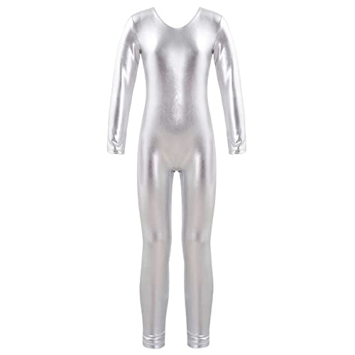 dPois Mädchen Metallic Gymnastikanzug Lang Turnanzug Einteiler Jumpsuit Overall Langarm Body Ganzkörper Anzug Sportbody Sportkleidung Silber 140/10 Jahre von dPois