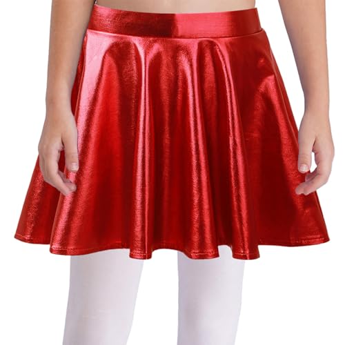 dPois Mädchen Metallic Rock Kurz Minirock Skater A-Linie Hohe Taille Hosenrock Faltenrock Röckchen mit Eingebauter Shorts Party Tanz Outfit Rot 122-128 von dPois