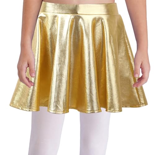 dPois Mädchen Metallic Rock Kurz Minirock Skater A-Linie Hohe Taille Hosenrock Faltenrock Röckchen mit Eingebauter Shorts Party Tanz Outfit Gold 122-128 von dPois