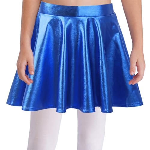 dPois Mädchen Metallic Rock Kurz Minirock Skater A-Linie Hohe Taille Hosenrock Faltenrock Röckchen mit Eingebauter Shorts Party Tanz Outfit Königsblau 110-116 von dPois
