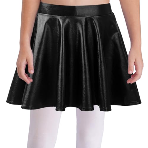 dPois Mädchen Metallic Rock Kurz Minirock Skater A-Linie Hohe Taille Hosenrock Faltenrock Röckchen mit Eingebauter Shorts Party Tanz Outfit Schwarz 122-128 von dPois