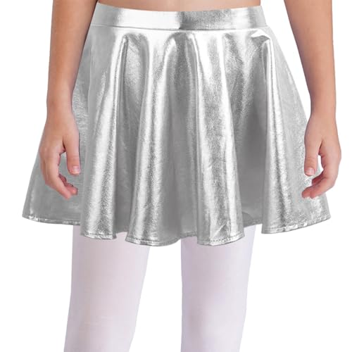 dPois Mädchen Metallic Rock Kurz Minirock Skater A-Linie Hohe Taille Hosenrock Faltenrock Röckchen mit Eingebauter Shorts Party Tanz Outfit Silber 170 von dPois