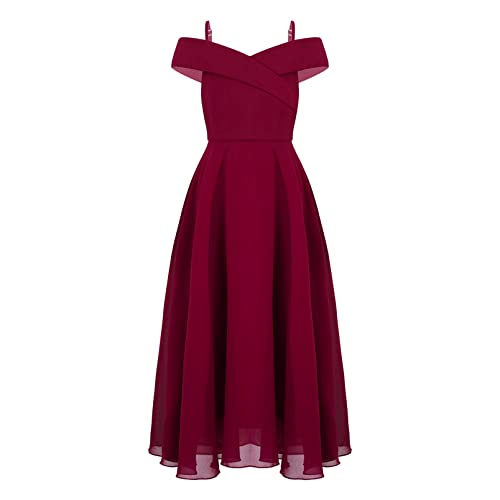 dPois Mädchen Off Shoulder Kleider Festlich Hochzeit Blumenmädchen Kleid Abendkleid A-Linie Maxi Lang Chiffon Ballkleid Kinder Hochzeit Geburtstag Party Outfit Burgundy 158-164/13-14 Jahre von dPois