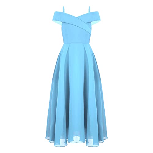 dPois Mädchen Off Shoulder Kleider Festlich Hochzeit Blumenmädchen Kleid Abendkleid A-Linie Maxi Lang Chiffon Ballkleid Kinder Hochzeit Geburtstag Party Outfit Himmelblau 134-140/9-10 Jahre von dPois