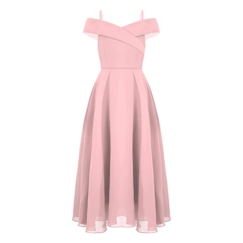dPois Mädchen Off Shoulder Kleider Festlich Hochzeit Blumenmädchen Kleid Abendkleid A-Linie Maxi Lang Chiffon Ballkleid Kinder Hochzeit Geburtstag Party Outfit Rosa 158-164/13-14 Jahre von dPois
