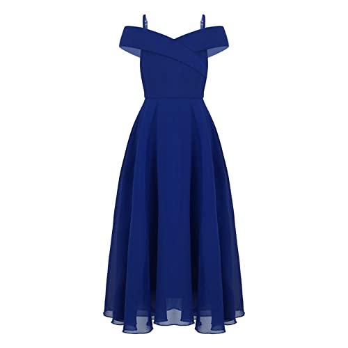 dPois Mädchen Off Shoulder Kleider Festlich Hochzeit Blumenmädchen Kleid Abendkleid A-Linie Maxi Lang Chiffon Ballkleid Kinder Hochzeit Geburtstag Party Outfit Royal Blau 134-140/9-10 Jahre von dPois