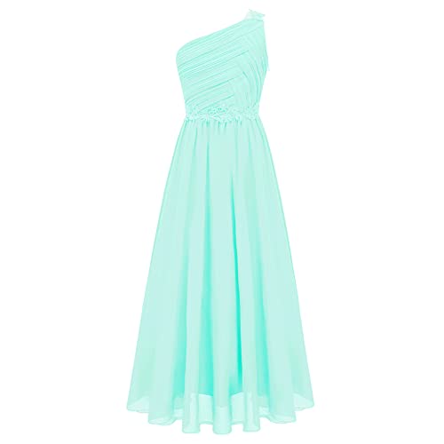 dPois Mädchen One Shoulder Kleider Festlich Hochzeit Partykleid Maxi Lang Brautjungfernkleid Ärmellos mit Blümchen Elegant Outfit Mint Grün 146-152/11-12 Jahre von dPois