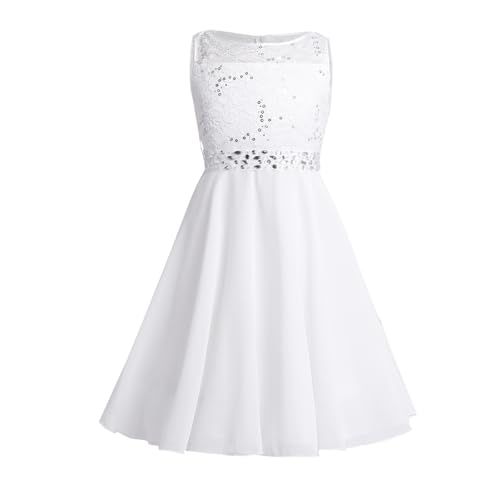 dPois Mädchen Prinzessin Kleid Blumenmädchenkleid Festlich Chiffon A-Linie Kleid Knielang Hochzeit Ärmellos mit Pailletten Kinder Festzug Party Elfenbein 16 Jahre von dPois