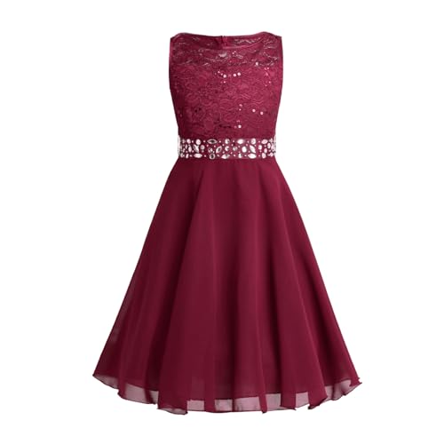 dPois Mädchen Prinzessin Kleid Blumenmädchenkleid Festlich Chiffon A-Linie Kleid Knielang Hochzeit Ärmellos mit Pailletten Kinder Festzug Party Weinrot 8 Jahre von dPois
