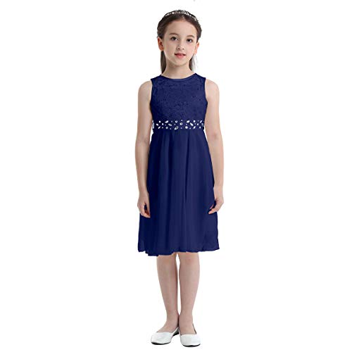 dPois Mädchen Prinzessin Kleid Blumenmädchenkleid Festlich Chiffon Kleid Hochzeit Ärmellos Brautjungfern Kleid mit Pailletten Kinder Festzug Party Marineblau 12 Jahre von dPois