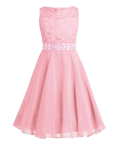 dPois Mädchen Prinzessin Kleid Blumenmädchenkleid Festlich Chiffon Kleid Hochzeit Ärmellos Brautjungfern Kleid mit Pailletten Kinder Festzug Party Rosa 14 Jahre von dPois