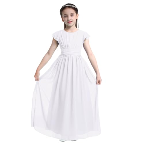 dPois Mädchen Prinzessin Kleid Lang Festlich Blumenmädchenkleid Brautjungfern Kleid mt Flügelärmeln Chiffon Maxikleid Kinder Hochzeit Kommunion Outfit Elegant Weiß 164/14 Jahre von dPois