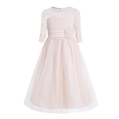 dPois Mädchen Prinzessin Kleider Festlich Blumenmädchen Kleid Maxi Lang Blumenspitze Brautjungfern Kleid Hochzeit Party Kleid Gr. 110-176 Champagne 128/8 Jahre von dPois