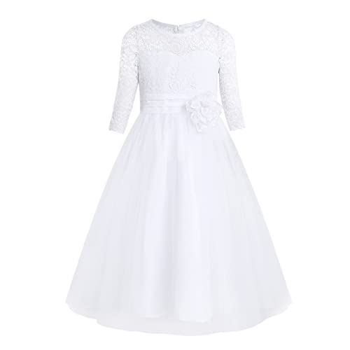 dPois Mädchen Prinzessin Kleider Festlich Blumenmädchen Kleid Maxi Lang Blumenspitze Brautjungfern Kleid Hochzeit Party Kleid Gr. 110-176 Weiß 140/10 Jahre von dPois