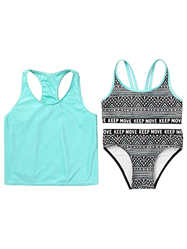 dPois Mädchen Sommer Badeanzug 3tlg. Bikini Tankini Set Bikini Oberteil BH mit Badehose Slip Tank Top Badeshirt Kinder Teenager Badebekleidung Strand Urlaub Grün 158-164/13-14 Jahre von dPois