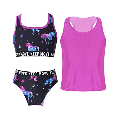 dPois Mädchen Sommer Badeanzug 3tlg. Bikini Tankini Set Bikini Oberteil BH mit Badehose Slip Tank Top Badeshirt Kinder Teenager Badebekleidung Strand Urlaub Rosa_A 122-128/7-8 Jahre von dPois