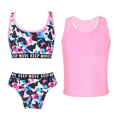 dPois Mädchen Sommer Badeanzug 3tlg. Bikini Tankini Set Bikini Oberteil BH mit Badehose Slip Tank Top Badeshirt Kinder Teenager Badebekleidung Strand Urlaub Rosa_B 134-140/9-10 Jahre von dPois