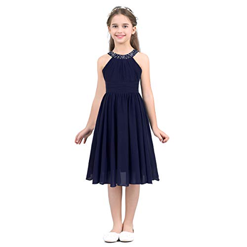 dPois Mädchen Chiffon Kleid Festlich Prinzessin Kleid Blumenmädchen Kleid Neckholder mit Strass Brautjungfernkleid Gefüttert Kinder Party Festzug Gr. 104-164 Marineblau 140/10 Jahre von dPois