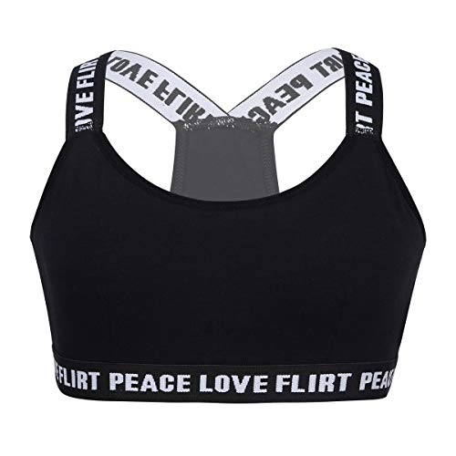 dPois Mädchen Sport BH Bra Trägertop Baumwolle mit Pads Klassisch Bustier Sportlich Bauchfrei Kinder Tanz Yoga Training Fitness Workout Outfit Schwarz 140-152/10-12 Jahre von dPois